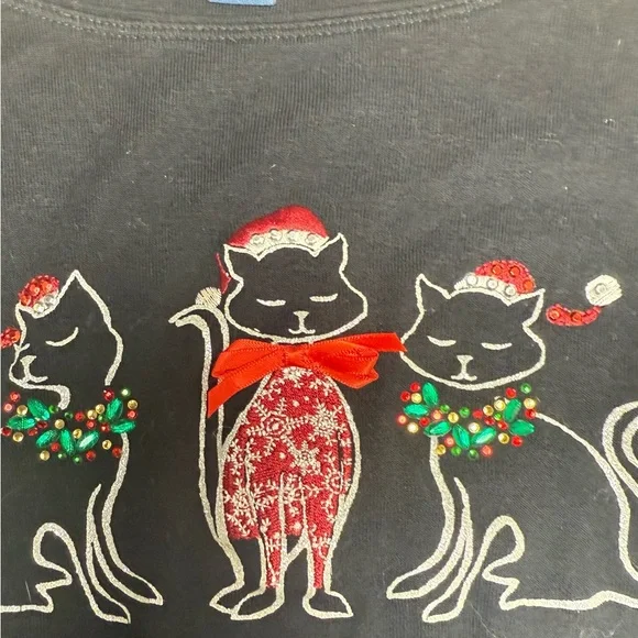 Vintage Karen Scott Christmas Cats Bejeweled Long Sleeve T Shirt 100% Cotton - Picture 2 of 5